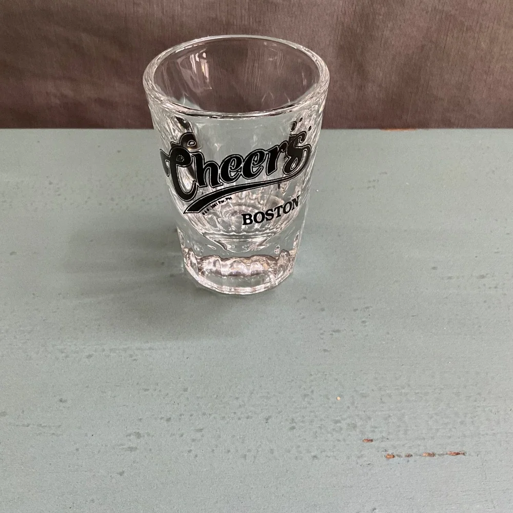 Cheers Boston Shot Glass Clear Black Logo Fluted Base Souvenir Barware